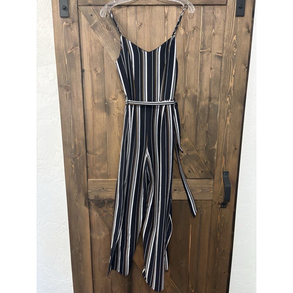 Monteau Striped Jumpsuit Womens Small Tie Waist Wide Leg Navy Boho Romper